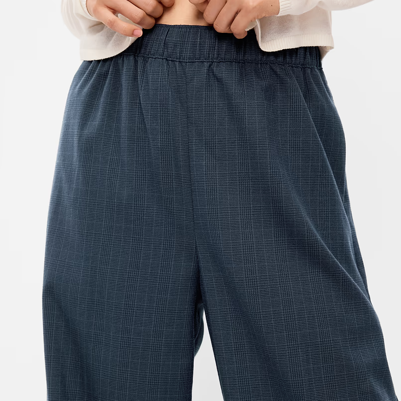 High Waist Elastic Drawstring Plaid Wide Leg Trousers